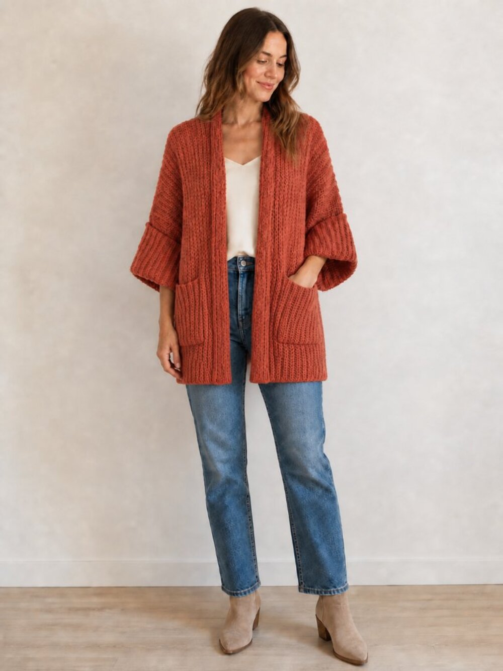 POL Rust Brown Chenille Knit Cardigan Small Open Front Cozy